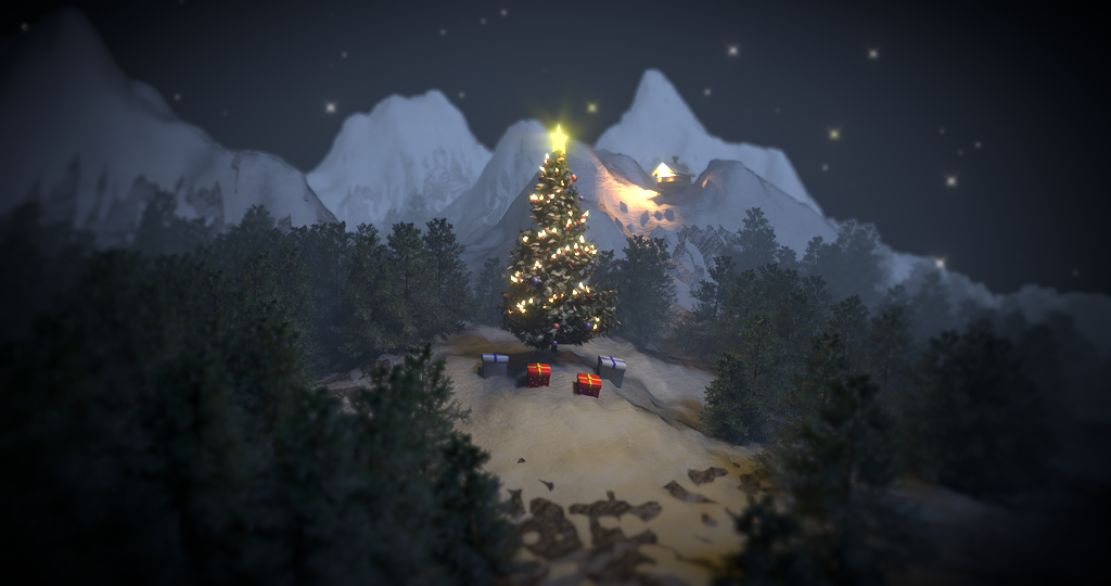 3D rendering. A mountainy landscape with dark trees in the valleys and snow on the mountain tops. The sky is clear and starry. In the middle of the picture, the trees open up to make room for a single decorated Christmas tree, with a star at the top and presents at its foot. In the background, there is an illuminated chalet on one of the mountains.